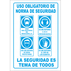 Cartel Uso Obligatorio de Normas de Seguridad - Mascarilla, Acústica, Gafas, Guantes