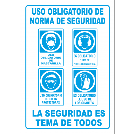 Cartel Uso Obligatorio de Normas de Seguridad - Mascarilla, Acústica, Gafas, Guantes