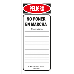 Tarjeta de Señalización - No poner en marcha / Fuera de servicio