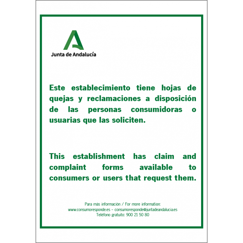 Señal Hojas de Quejas y Reclamaciones Andalucía - Tamaño A4