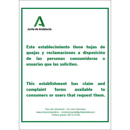 Señal Hojas de Quejas y Reclamaciones Andalucía - Tamaño A4 Señal Hojas de Quejas y Reclamaciones Andalucía - Tamaño A4