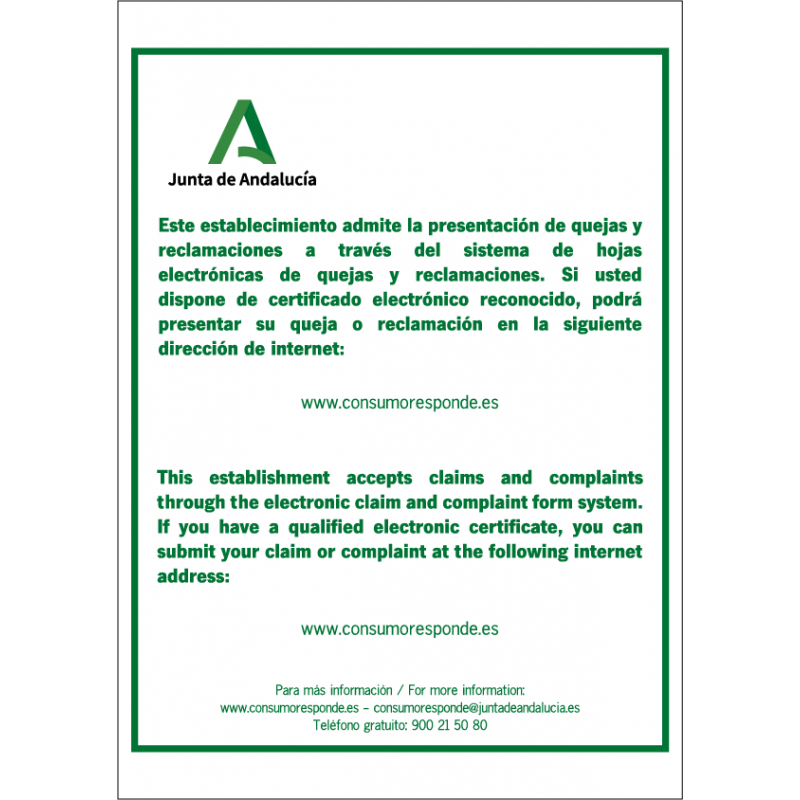 Señal Hojas de Quejas y Reclamaciones Electrónicas Andalucía - Tamaño A4