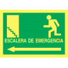 Cartel Fotoluminiscente Escalera de Emergencia con texto. Flecha, Izquierda. Piso Superior