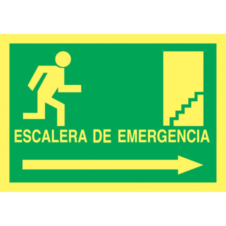 Cartel Fotoluminiscente Escalera de Emergencia con texto. Flecha, Derecha. Piso Superior