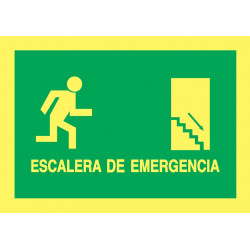 Cartel Fotoluminiscente Escalera de Emergencia con texto Derecha. Piso Inferior, indicado