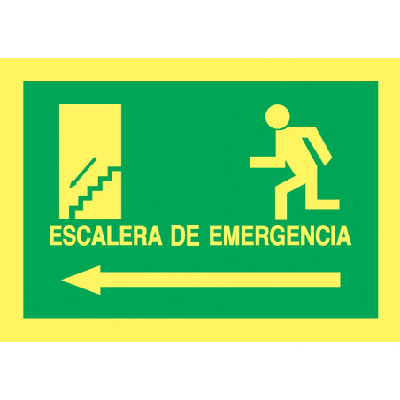Cartel Fotoluminiscente Escalera de Emergencia con texto. Flecha, Izquierda. Piso Inferior, indicado