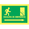 Cartel Fotoluminiscente Escalera de Emergencia con texto. Flecha, Derecha. Piso Inferior, indicado