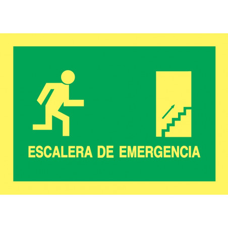 Cartel Fotoluminiscente Escalera de Emergencia con texto Derecha. Piso Superior, indicado