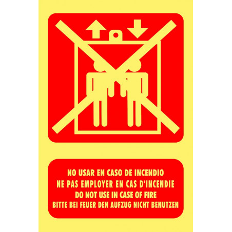 Cartel Fotoluminiscente No Usar en Caso de Incendio - Multi Idioma