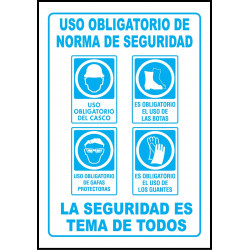 Cartel Uso Obligatorio de Normas de Seguridad - Casco, Botas, Gafas, Guantes